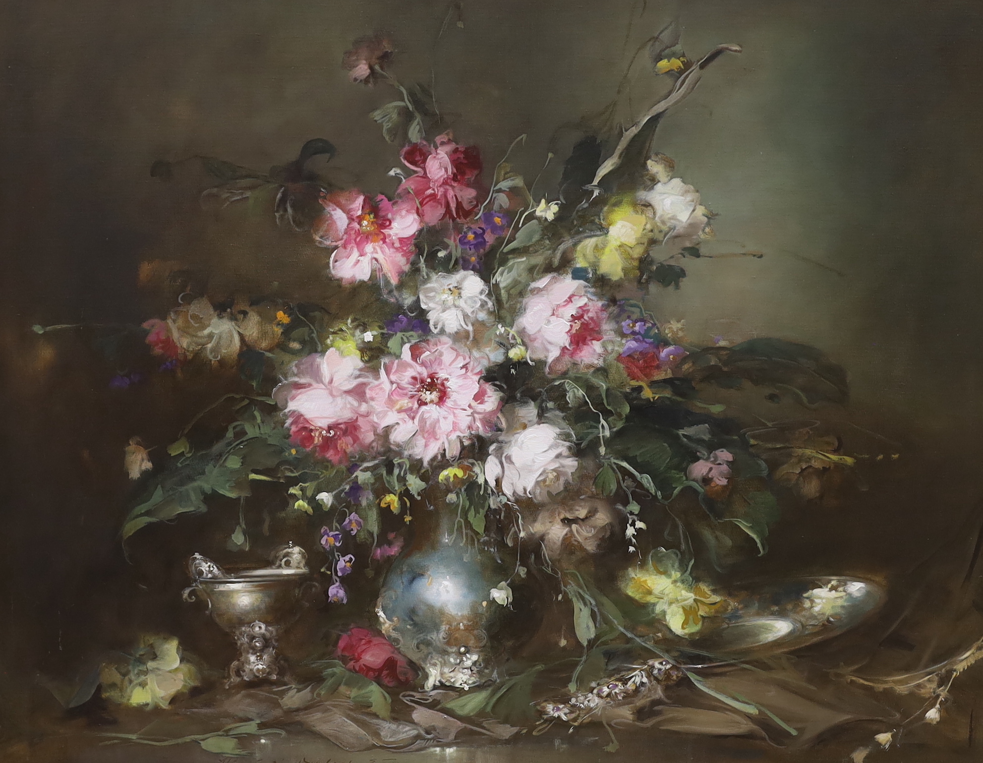 Endre Kompoczy Balogh (Hungarian, 1911-1977), oil on canvas, Still llife of flowers and vessels, signed, E.Stacy Marks label verso, 99 x 79cm